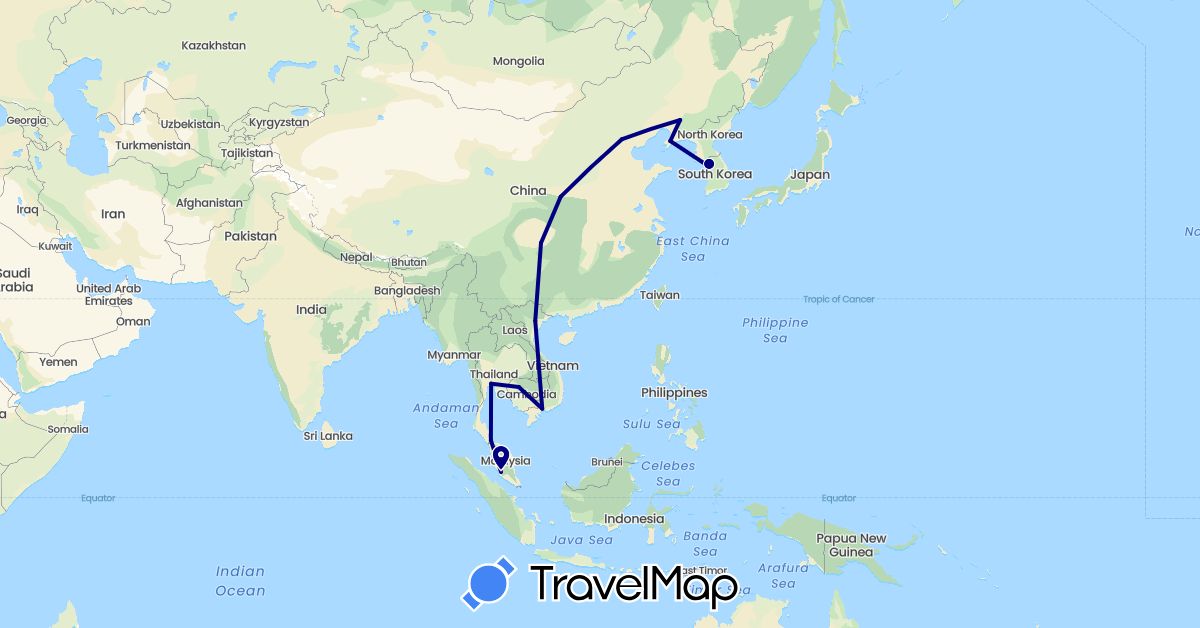TravelMap itinerary: driving in China, Cambodia, South Korea, Malaysia, Thailand, Vietnam (Asia)